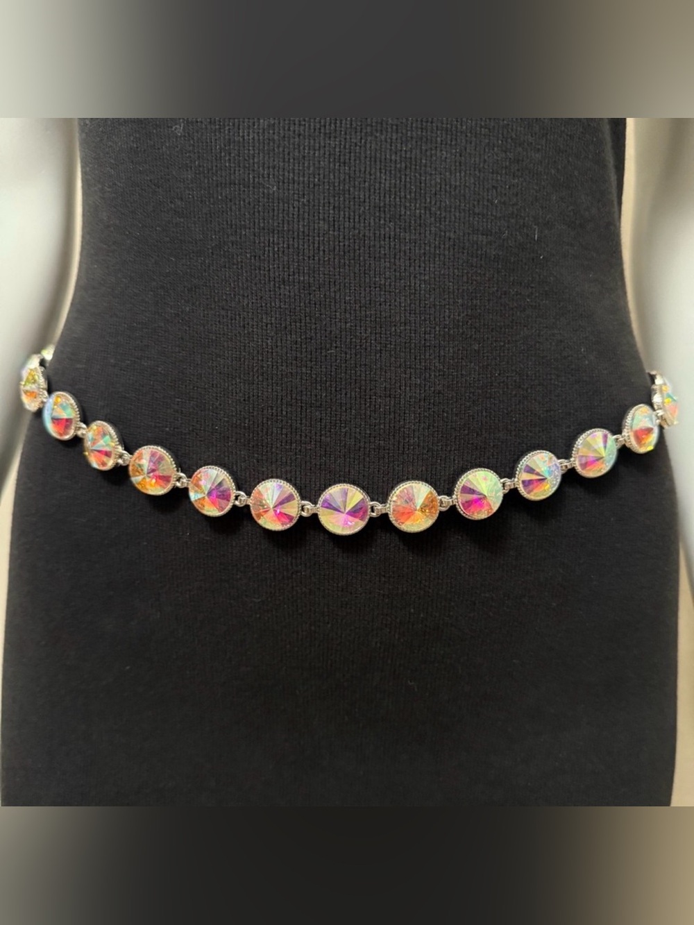 Silver tone metallic chain belt with round glass accents